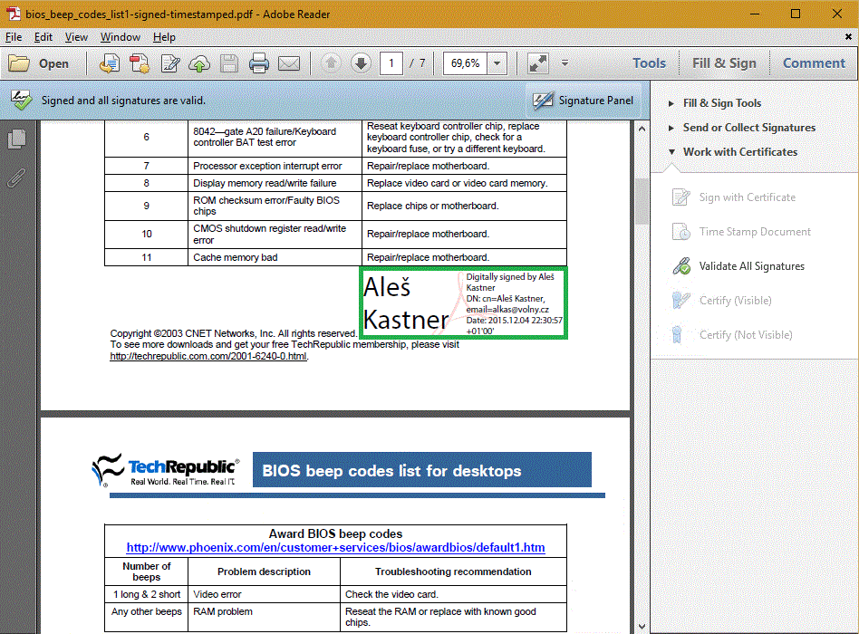 Digital signature in a document