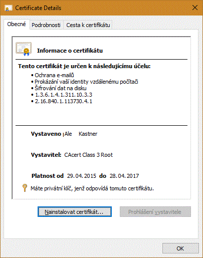 Vlastnosti certifikátu