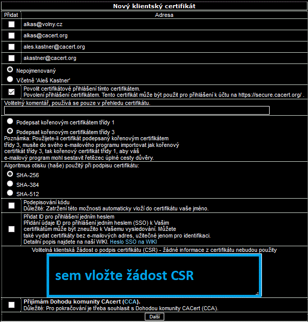 Nastavte vlastnosti pro nový klientský certifikát