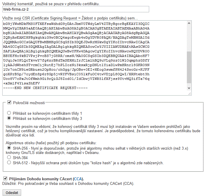 Zadání CSR do formuláře CAcert