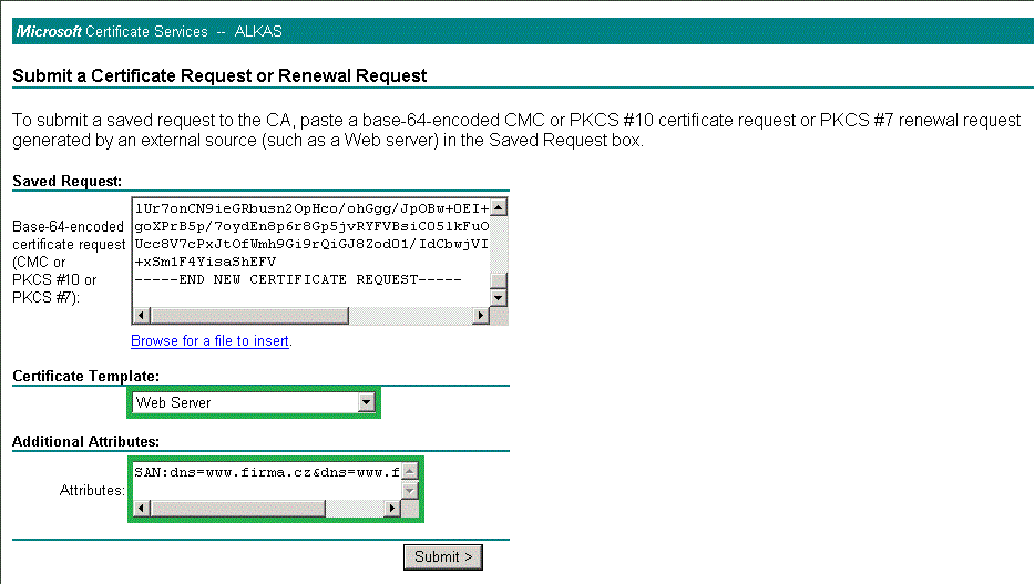 Předložení žádosti MS CA a zadání SAN