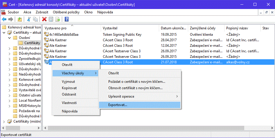 Menu pro export certifikátu s privátním klíčem