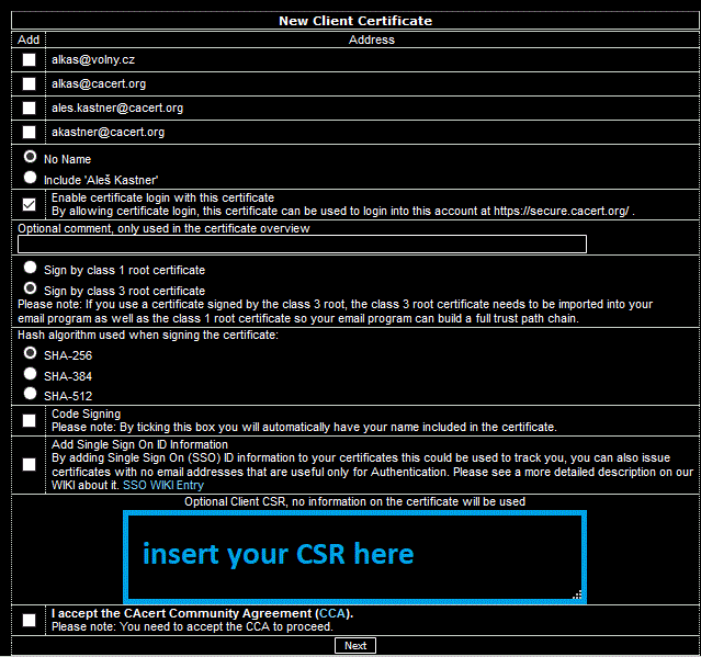 Entering the CSR to the CAcert web, certificate parameters selection