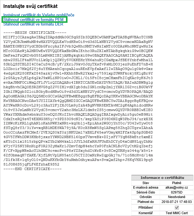 Vystavený certifikát ke stažení - formát PEM