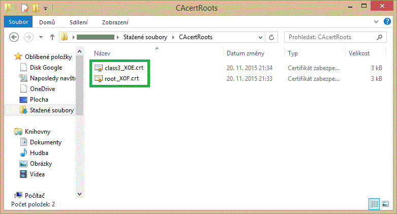 Stažené soubory kořenových certifikátů CAcert