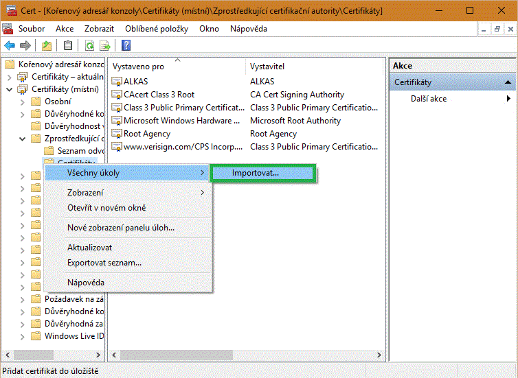 Import zprostředkujícího certifikátu