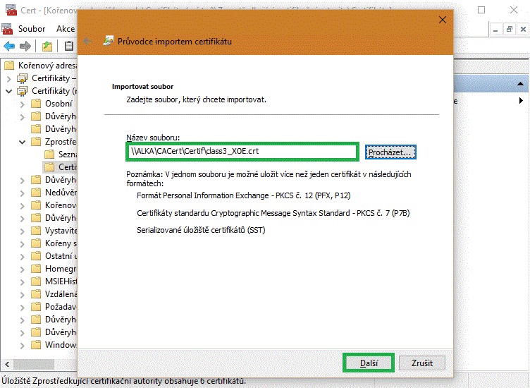 Import zprostředkujícího certifikátu