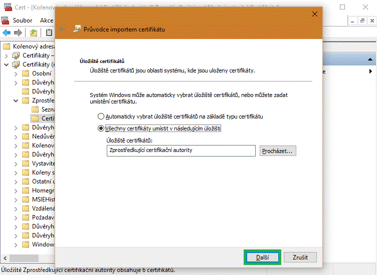 Import zprostředkujícího certifikátu