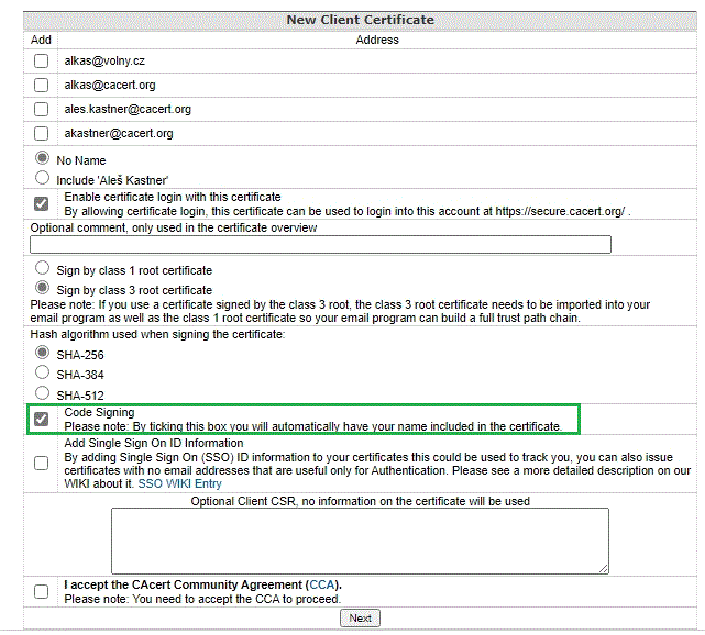 New client code signing certificate