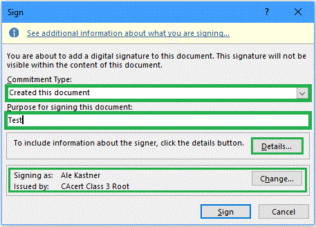 Digital signing dialog