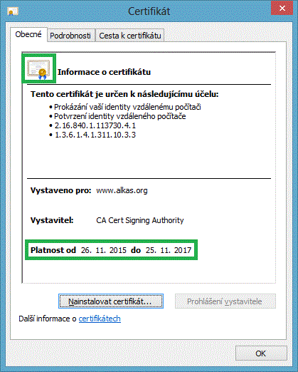 Vlastnosti obnoveného certifikátu