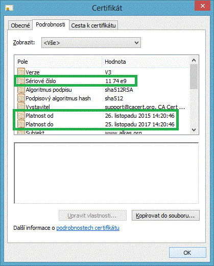 Vlastnosti obnoveného certifikátu