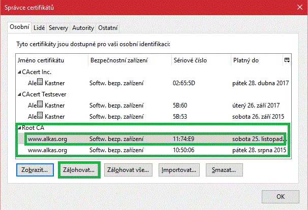 Kontrola importovaných certifikátů