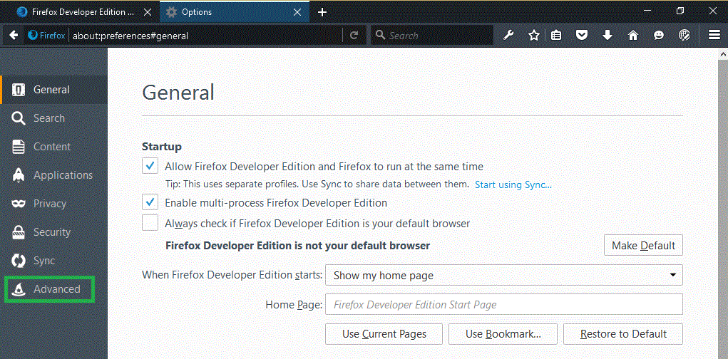 Firefox - advanced options