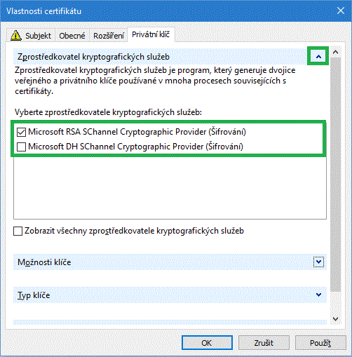 Dialog vlastností - Privátní klíč, zprostředkovatel (algoritmus)