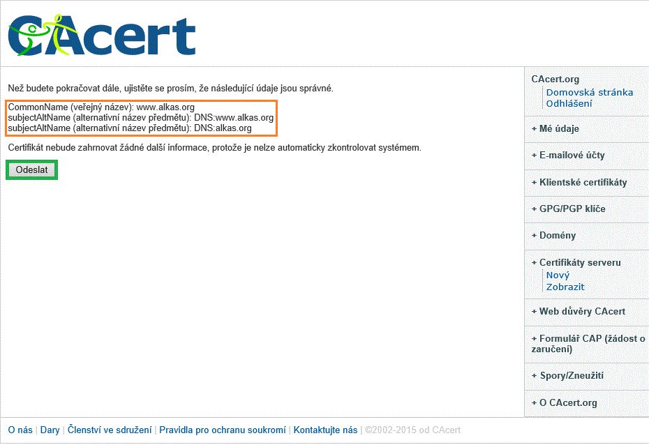 Kontrola provedená serverem CAcert