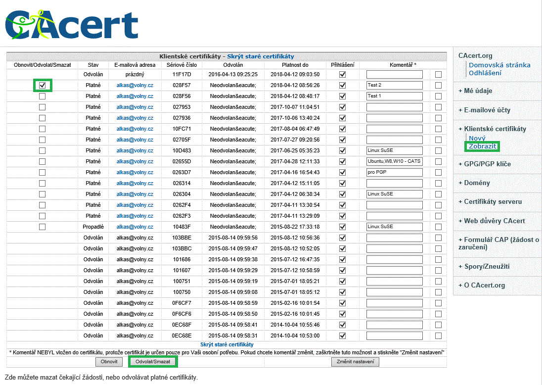 CACert - odvolání klientského certifikátu