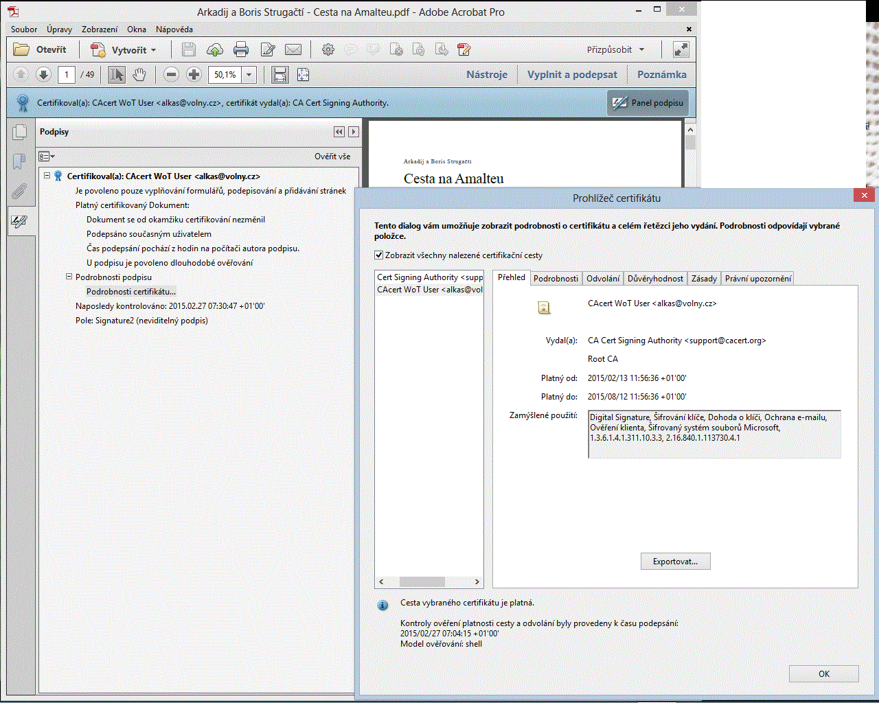 Acrobat XI - podepsaný dokument s oknem certifikace