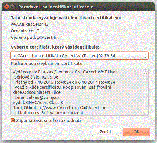 Přihlášení uživatele webovým prohlížečem Firefox z Linuxu (certifikát bez jména)