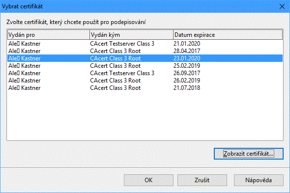 Výběr certifikátu